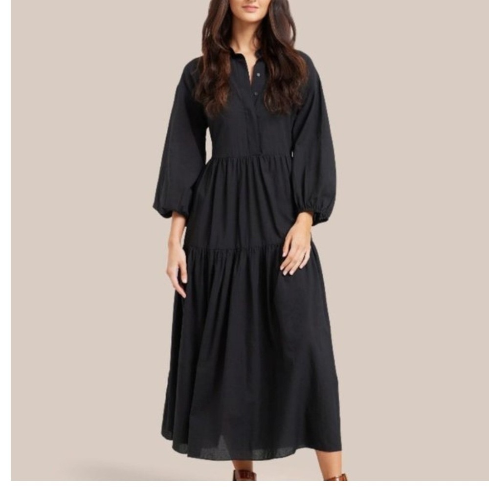 Modern Citizen Women's Delia Black Organic Cotton Tiered Midi Shirt Dress- L